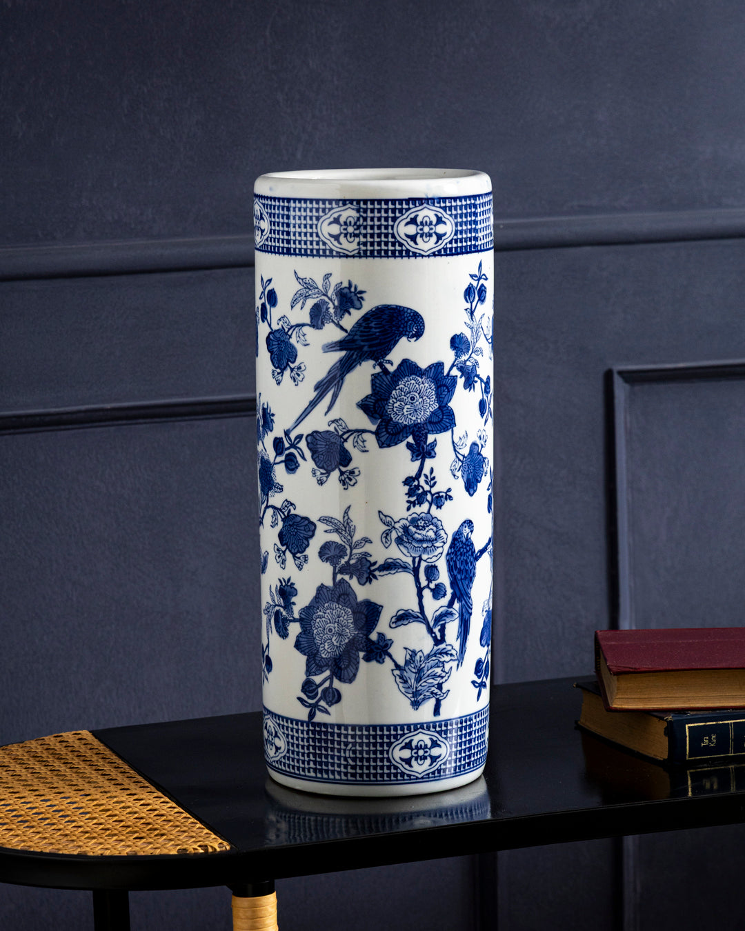 Blue Heritage Parrot Cylindrical Vase - Large 
