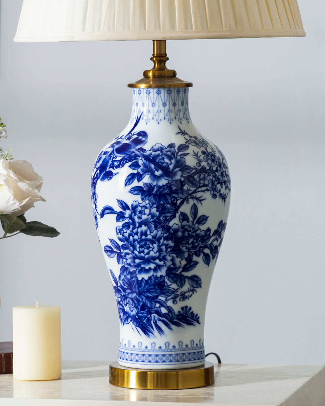 Royal Blue & White Floral Bone China Table Lamp 