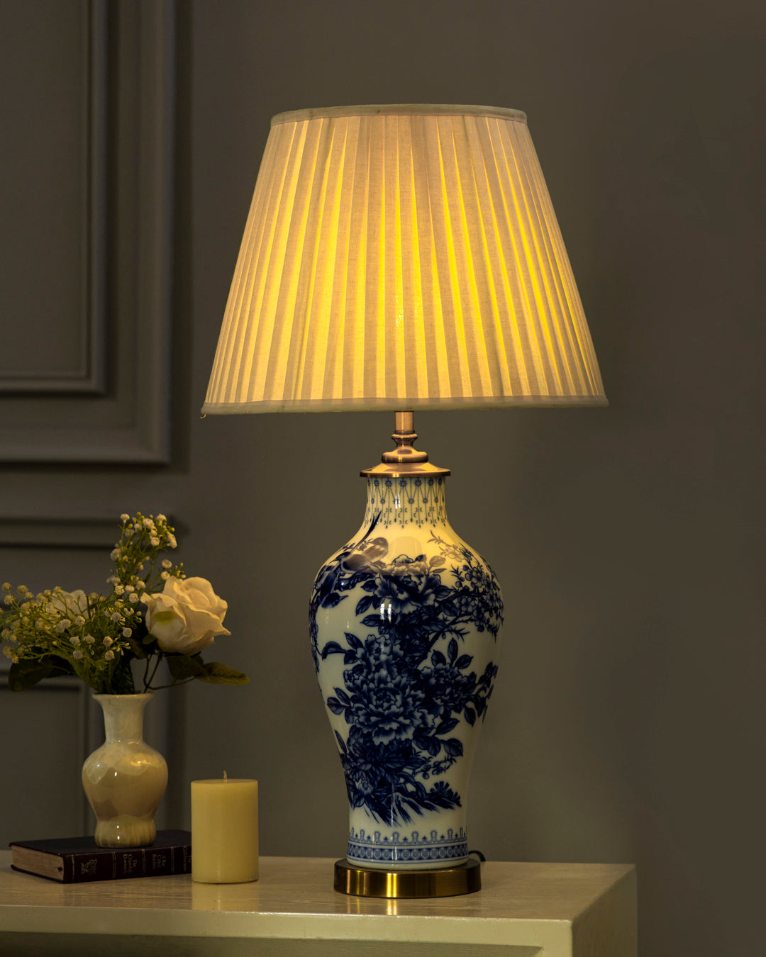 Royal Blue & White Floral Bone China Table Lamp 