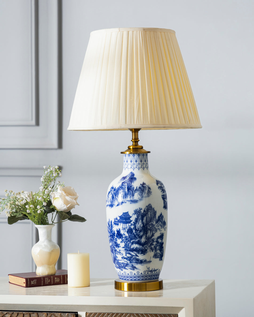 Oriental Mountain & Pavilion Bone China Table Lamp 
