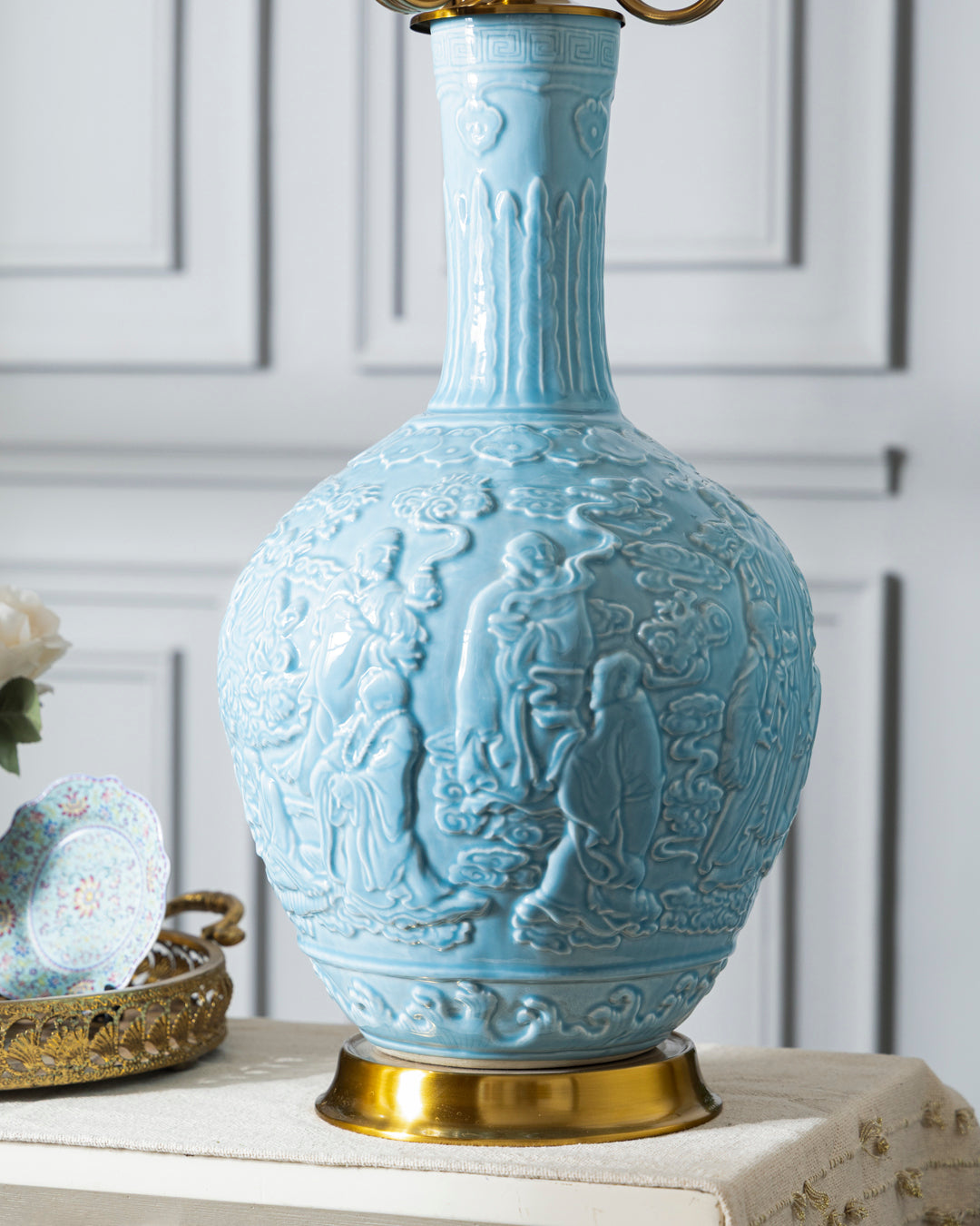 Celestial Blue Celadon Heritage Embossed Table Lamp 