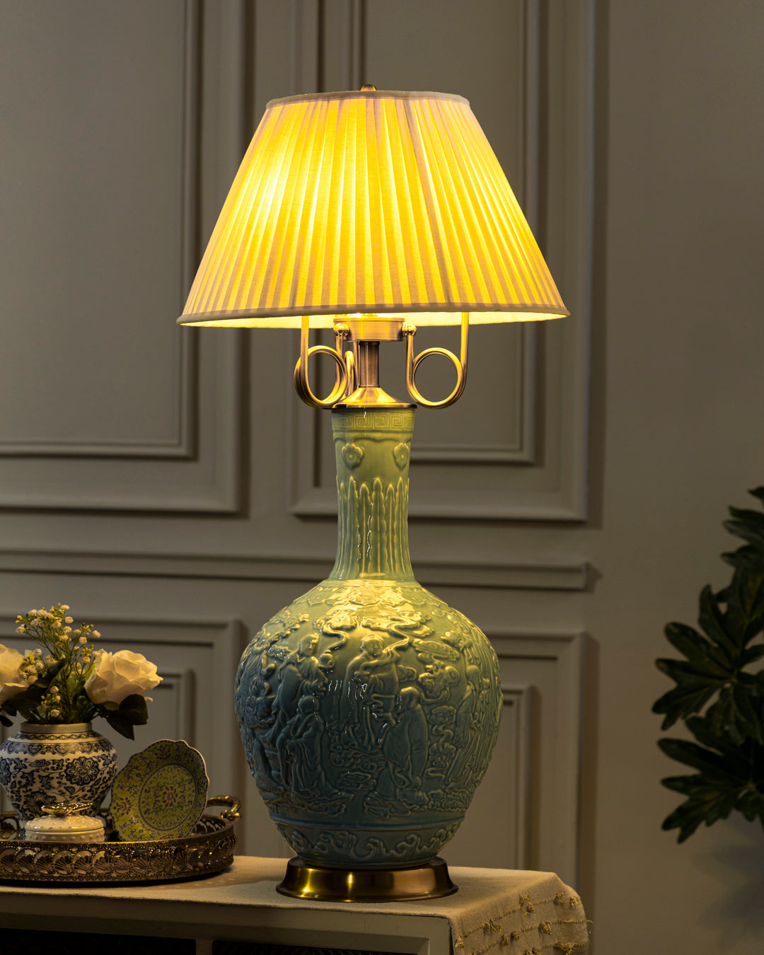 Celestial Blue Celadon Heritage Embossed Table Lamp 