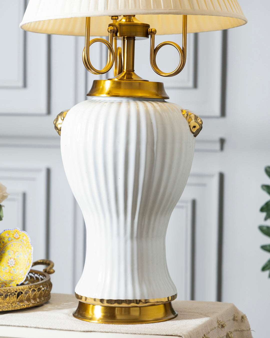 Golden Ribbed Glow Table Lamp - White 