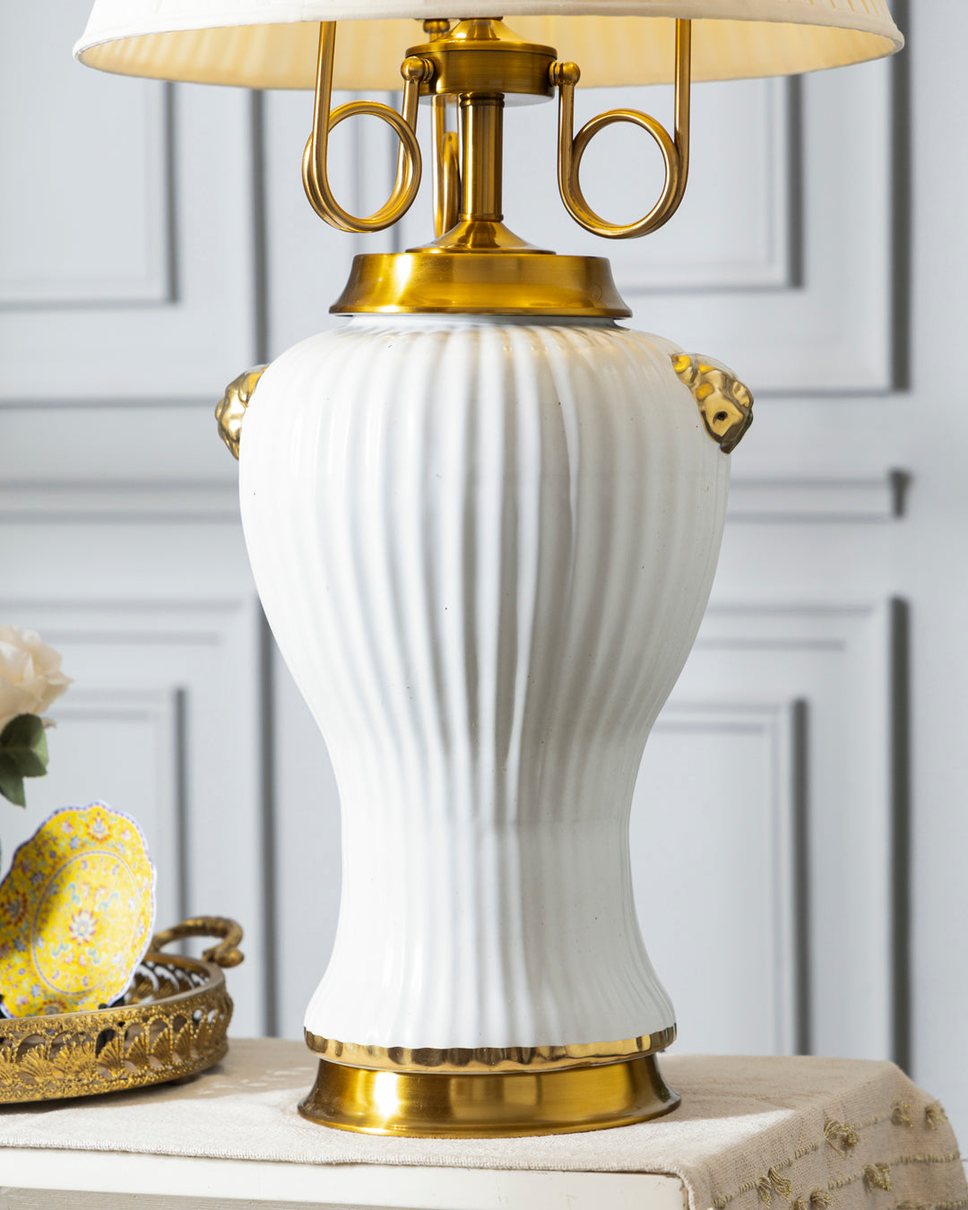 Golden Ribbed Glow Table Lamp - White 