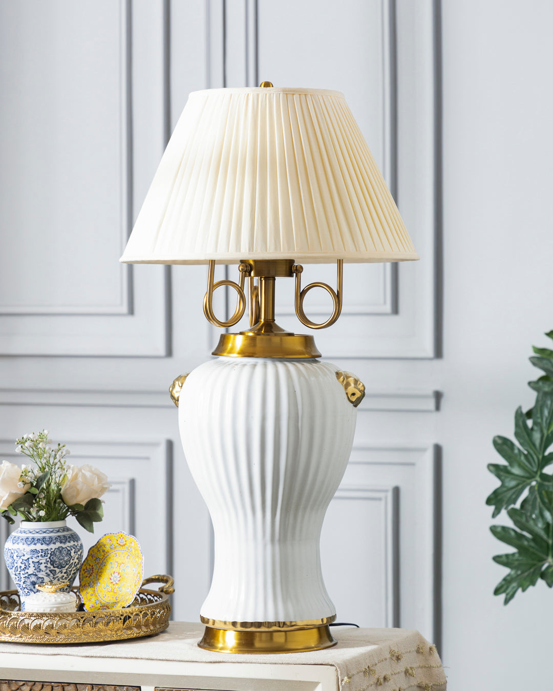 Golden Ribbed Glow Table Lamp - White 