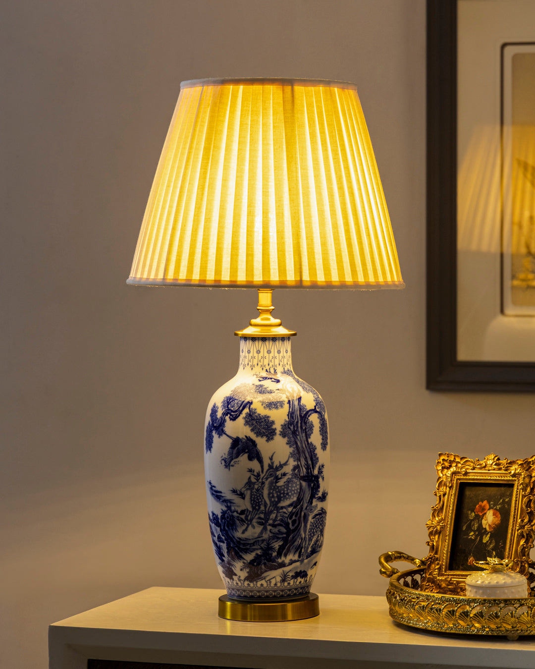 Blue & White Deer & Nature Table Lamp 