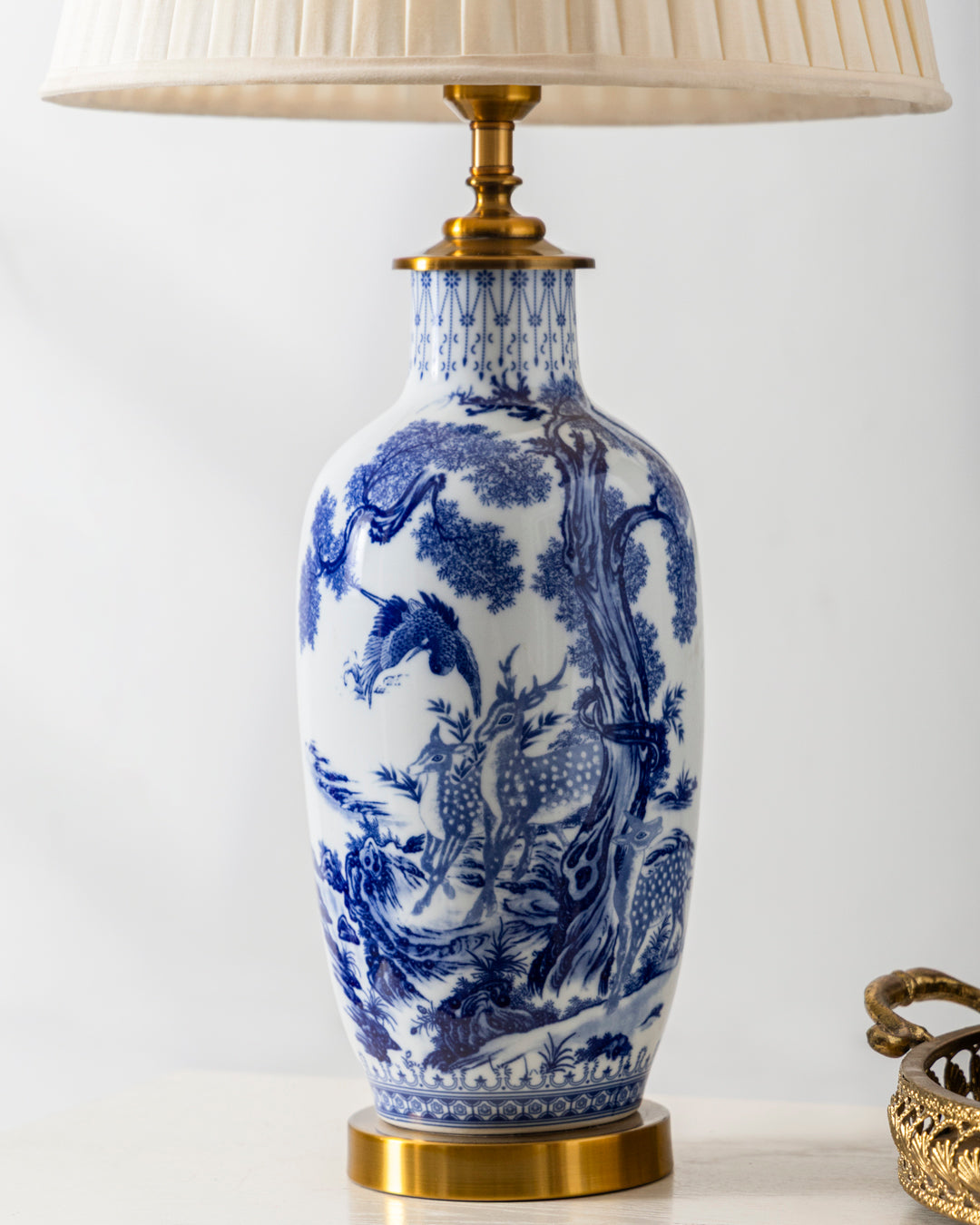 Blue & White Deer & Nature Table Lamp 