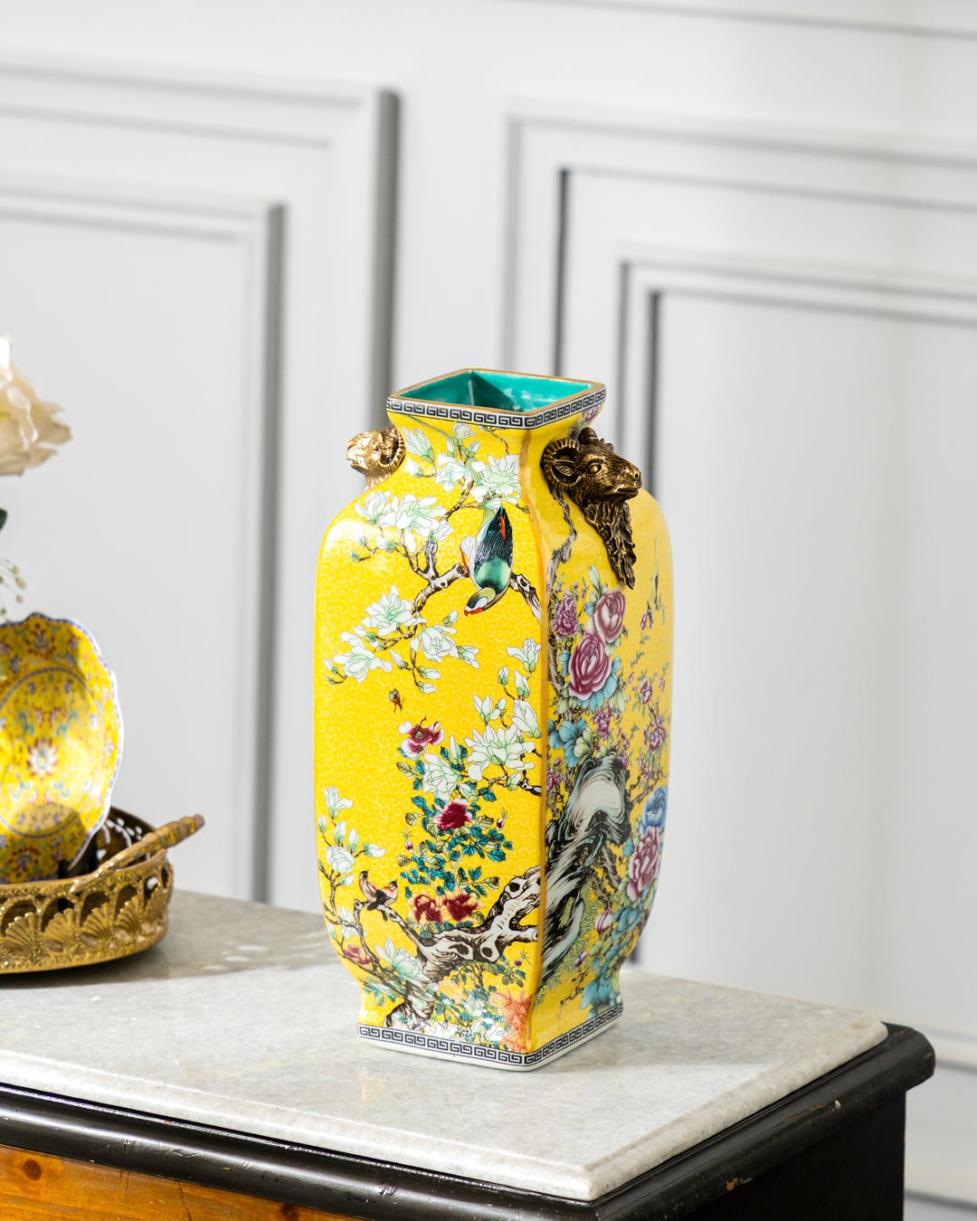 Enamel Square Vase with Brass Ram Handles 