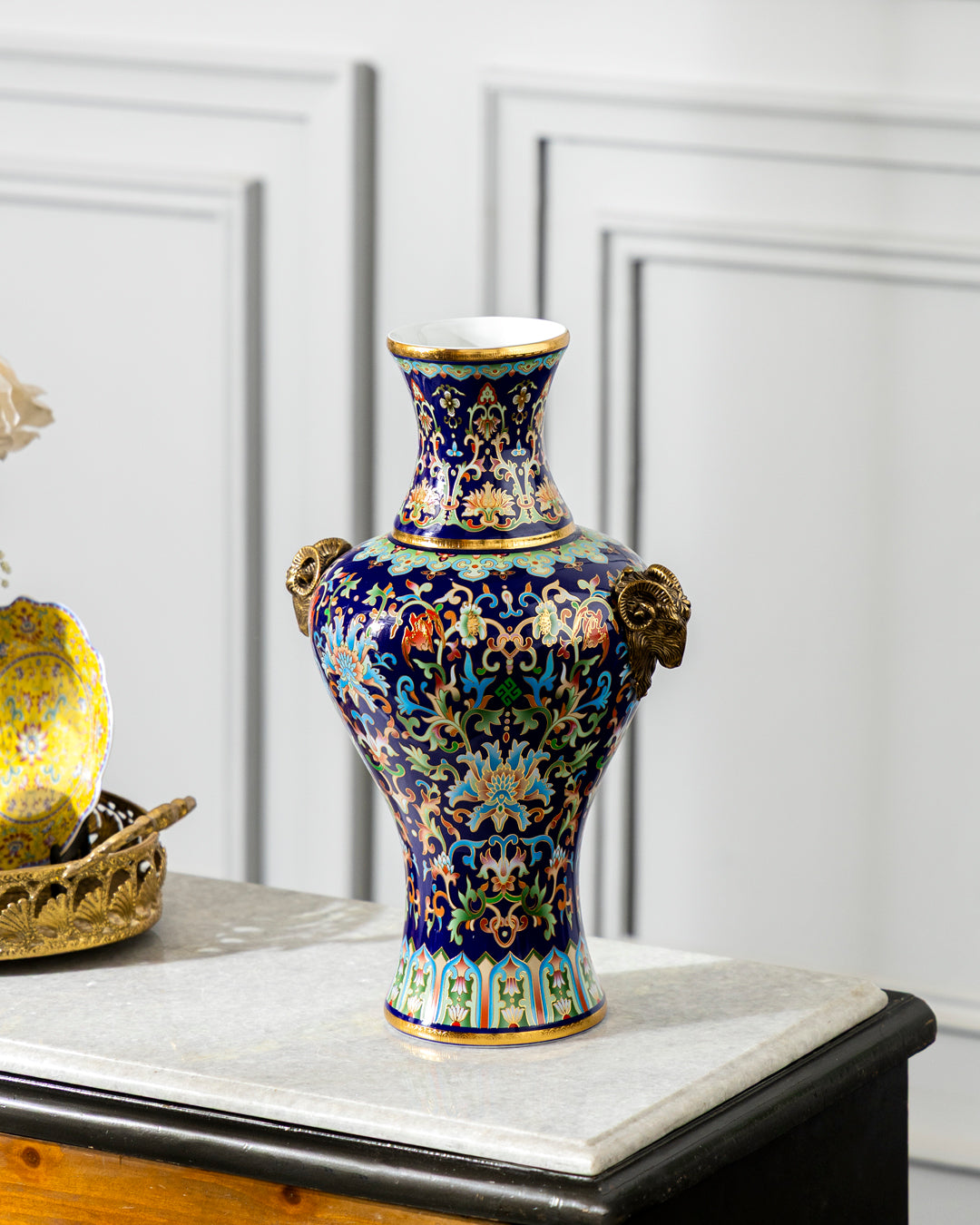 Enamel Cloisonné Vase with Brass Ram Handles 