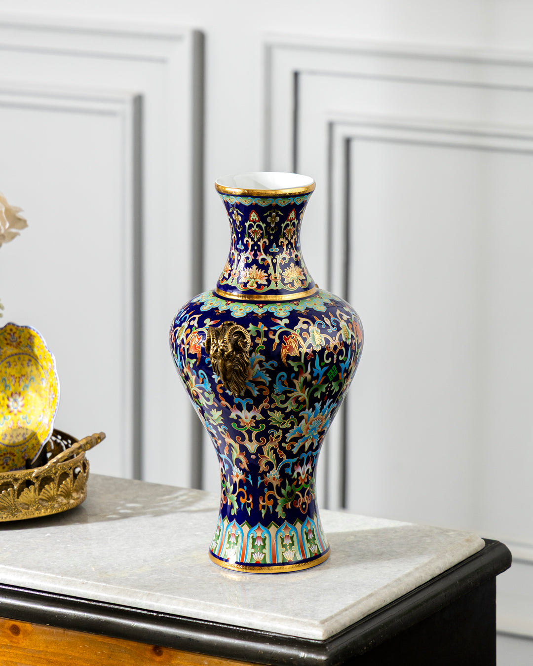 Enamel Cloisonné Vase with Brass Ram Handles 