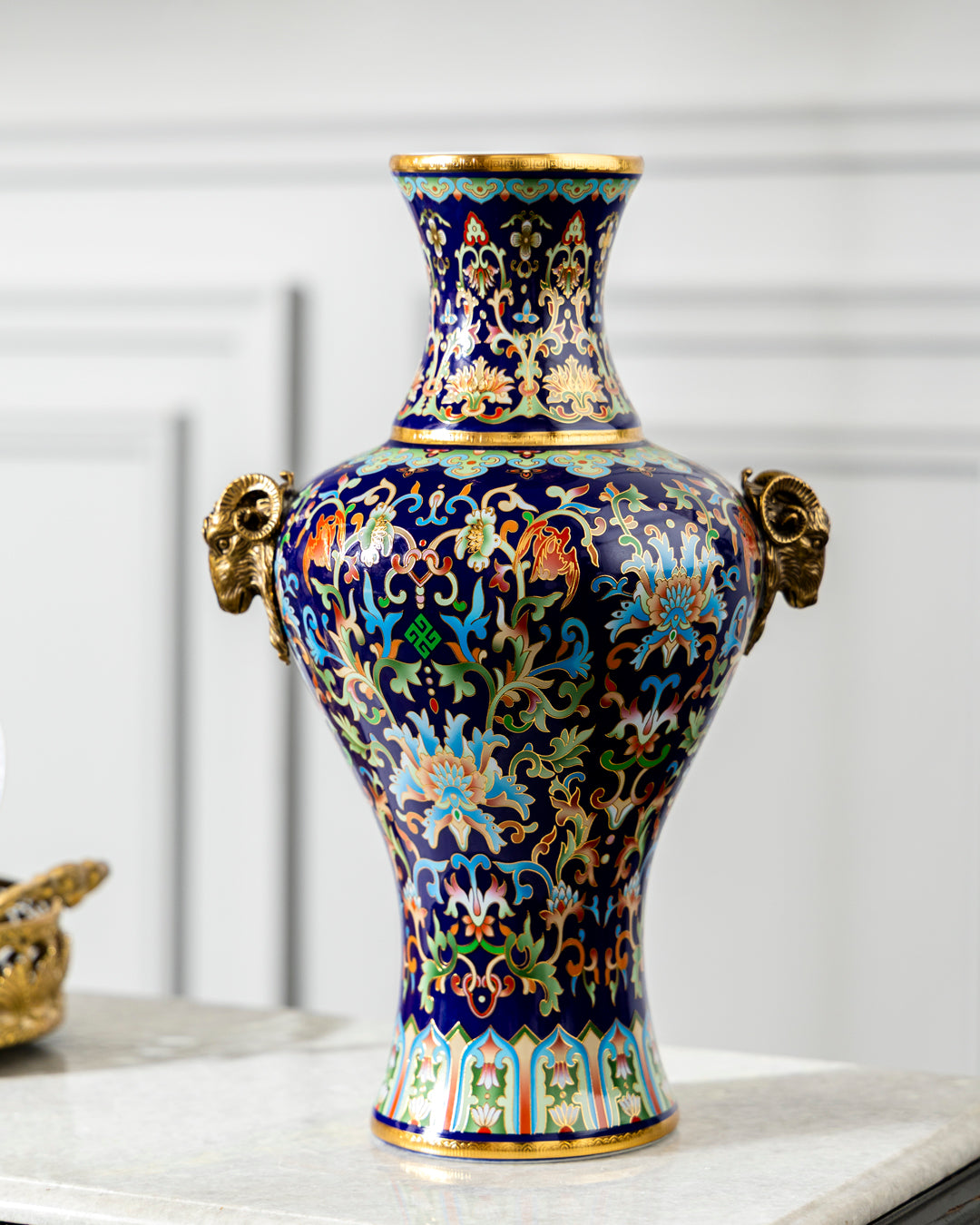 Enamel Cloisonné Vase with Brass Ram Handles 