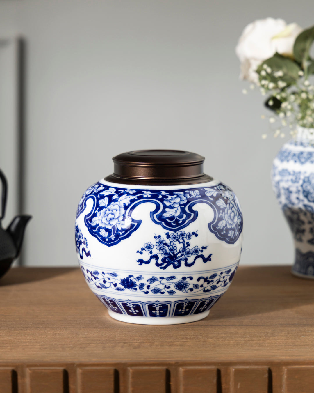 Floral Motifs Blue & White Ceramic Storage Jar 