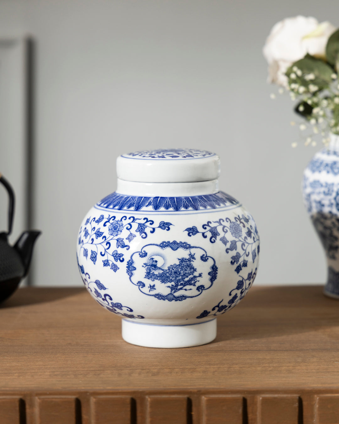 Blue Floral Porcelain Ginger Jar 