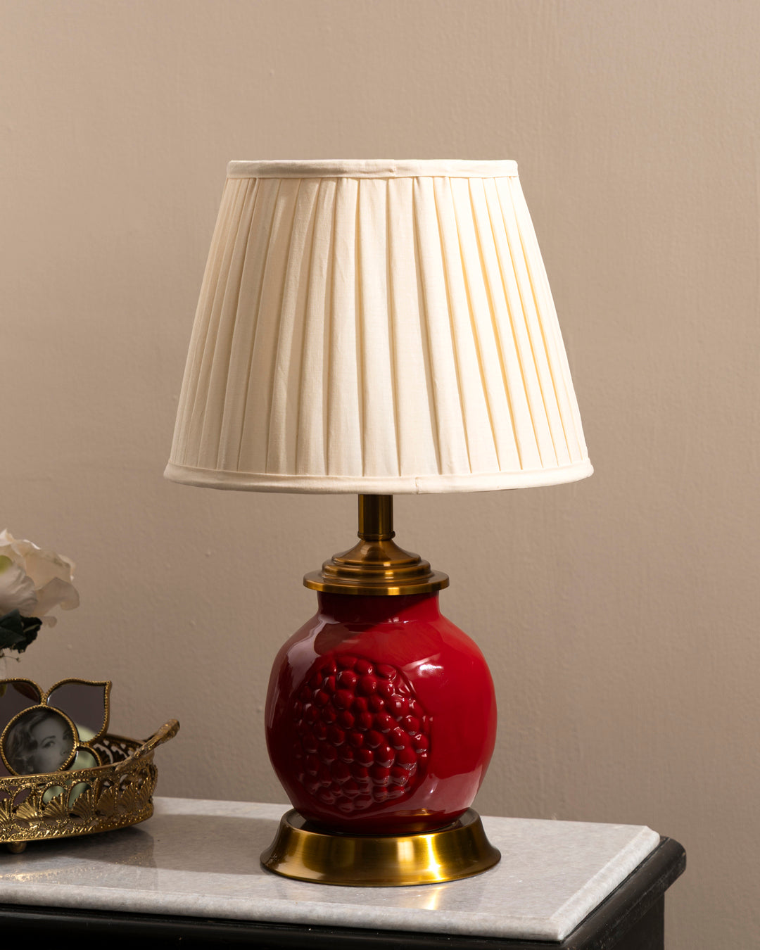 Crimson Pomegranate Ceramic Table Lamp 