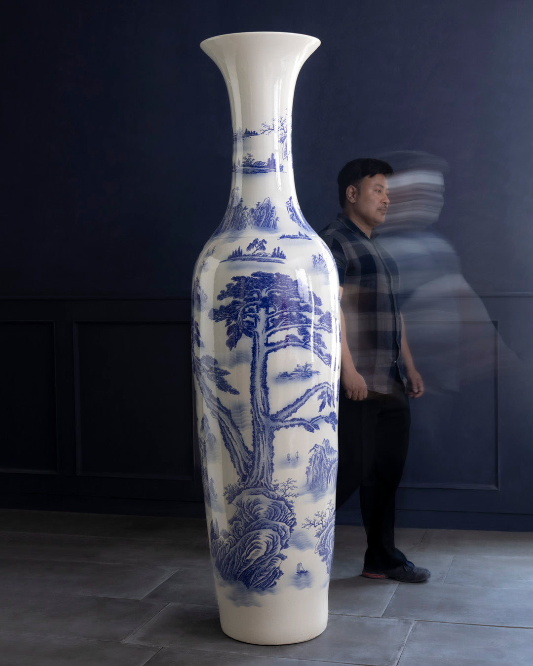 Imperial Blue Landscape Tall Floor Vase - 6.4 Ft