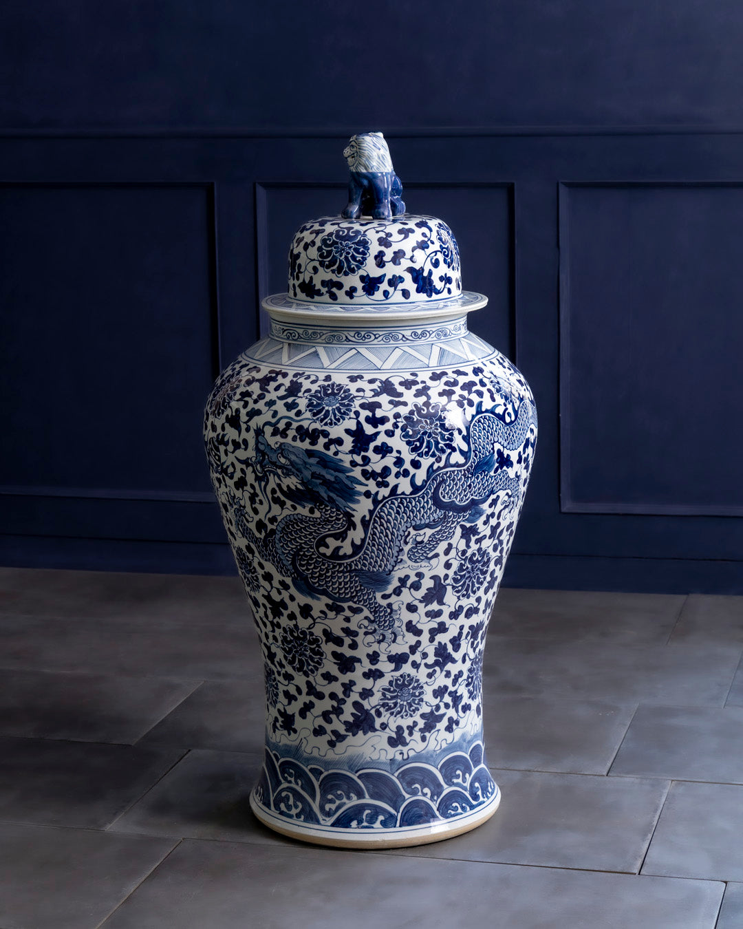 Grand Floral Blue & White Temple Jar with Guardian Lid - 116 CM 