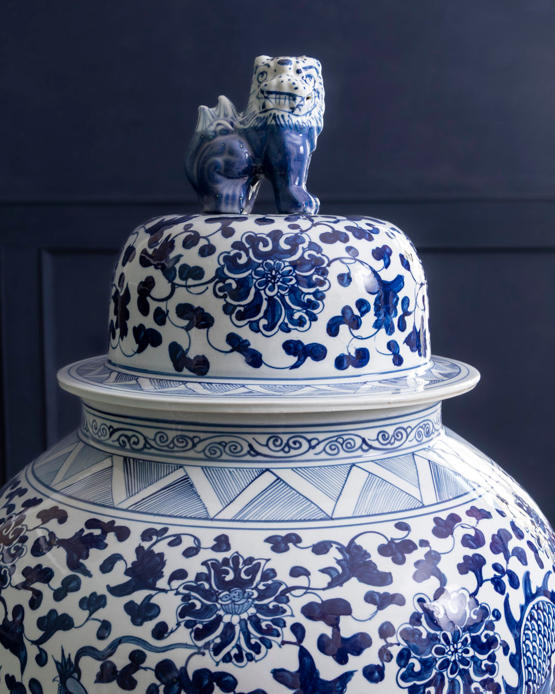 Grand Floral Blue & White Temple Jar with Guardian Lid - 116 CM 