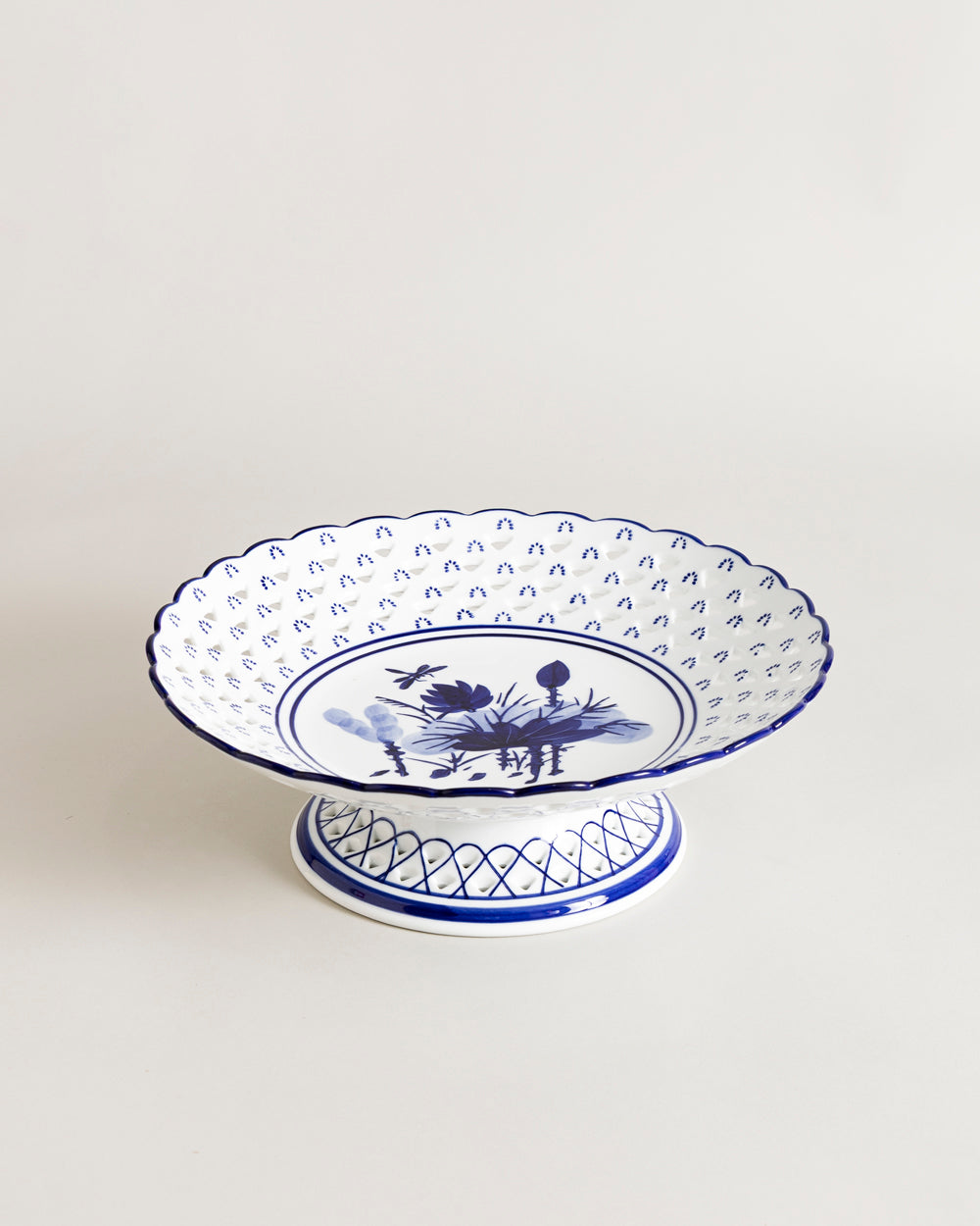 Lotus Pierced Blue & White Hand-Painted Footed Bowl