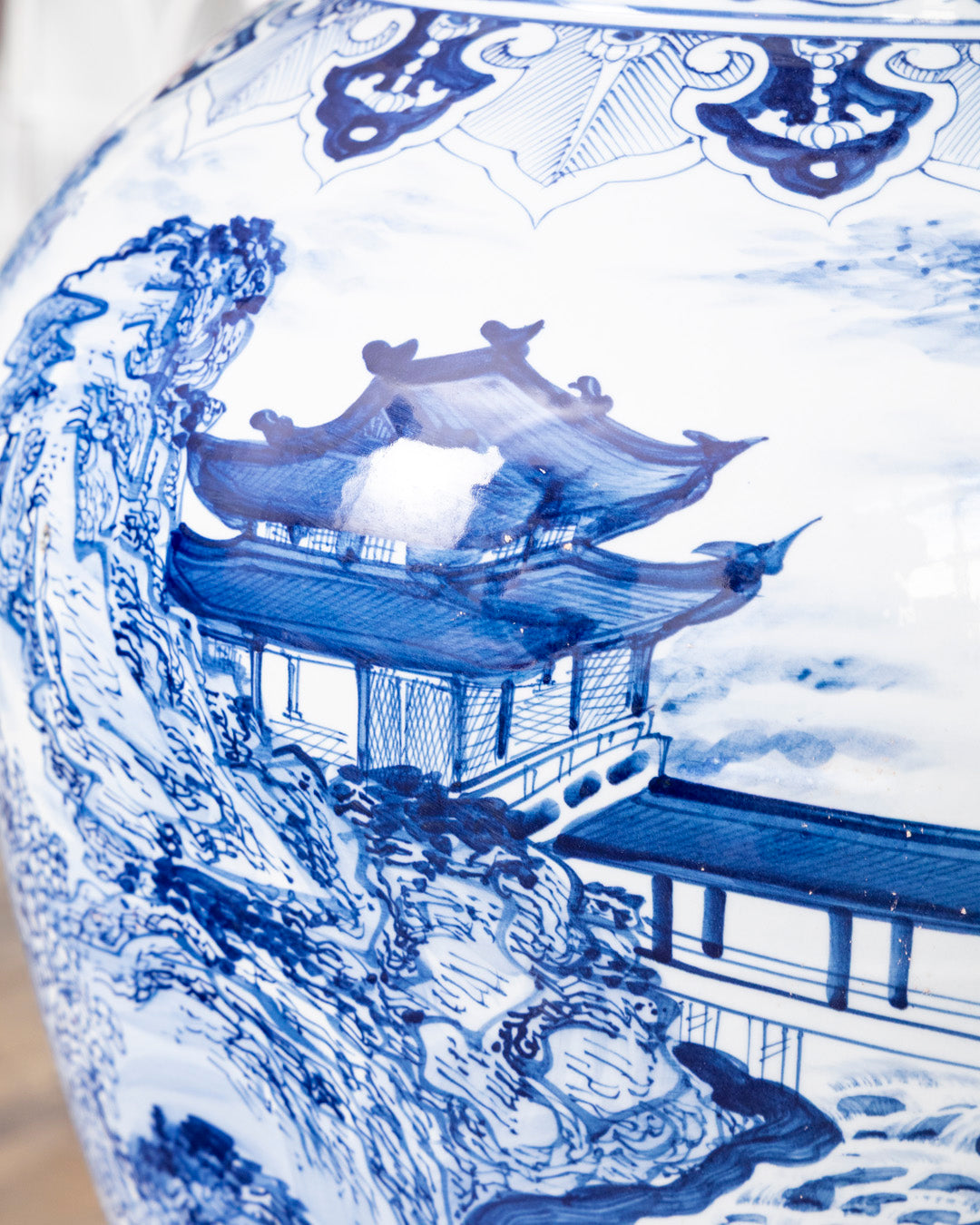 Grand Scenic Blue & White Temple Jar with Guardian Lid - 116 