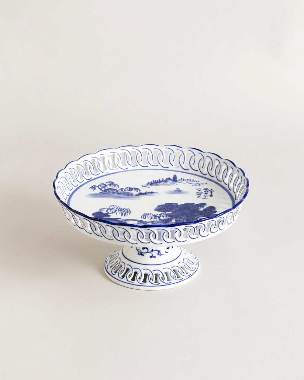 Blue Willow Scenic Pedestal Cake Stand