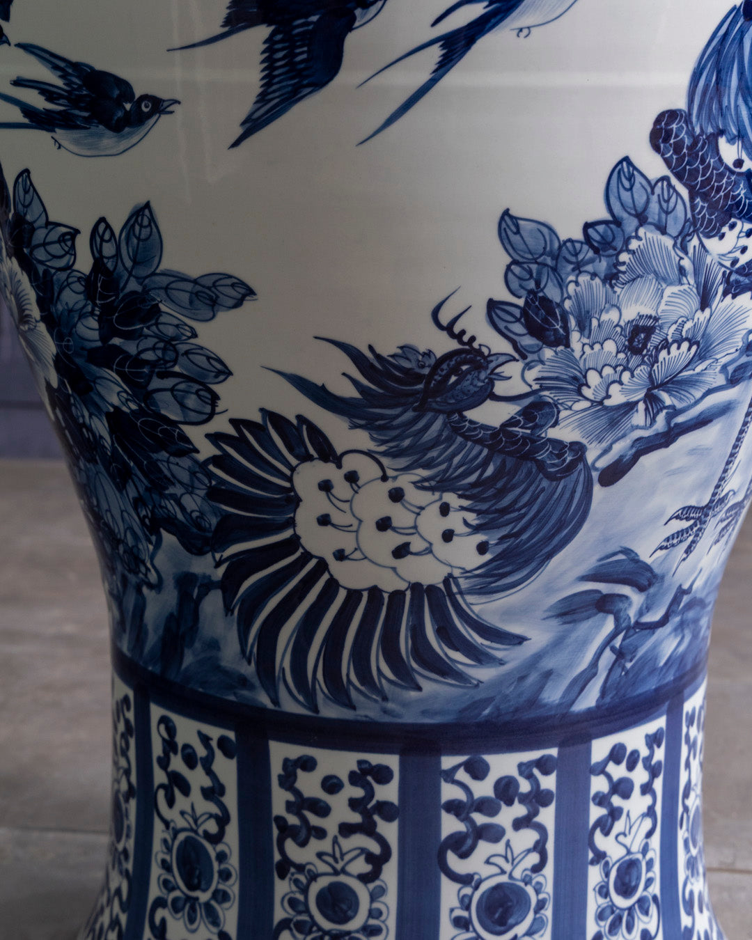 Grand Crane & Floral Blue Temple Jar with Guardian Lid - 116 CM 