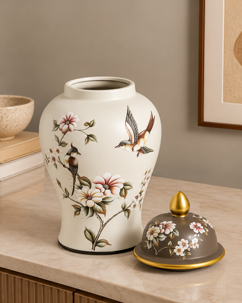 Vintage Floral & Bird Decorative Temple Jar - Large