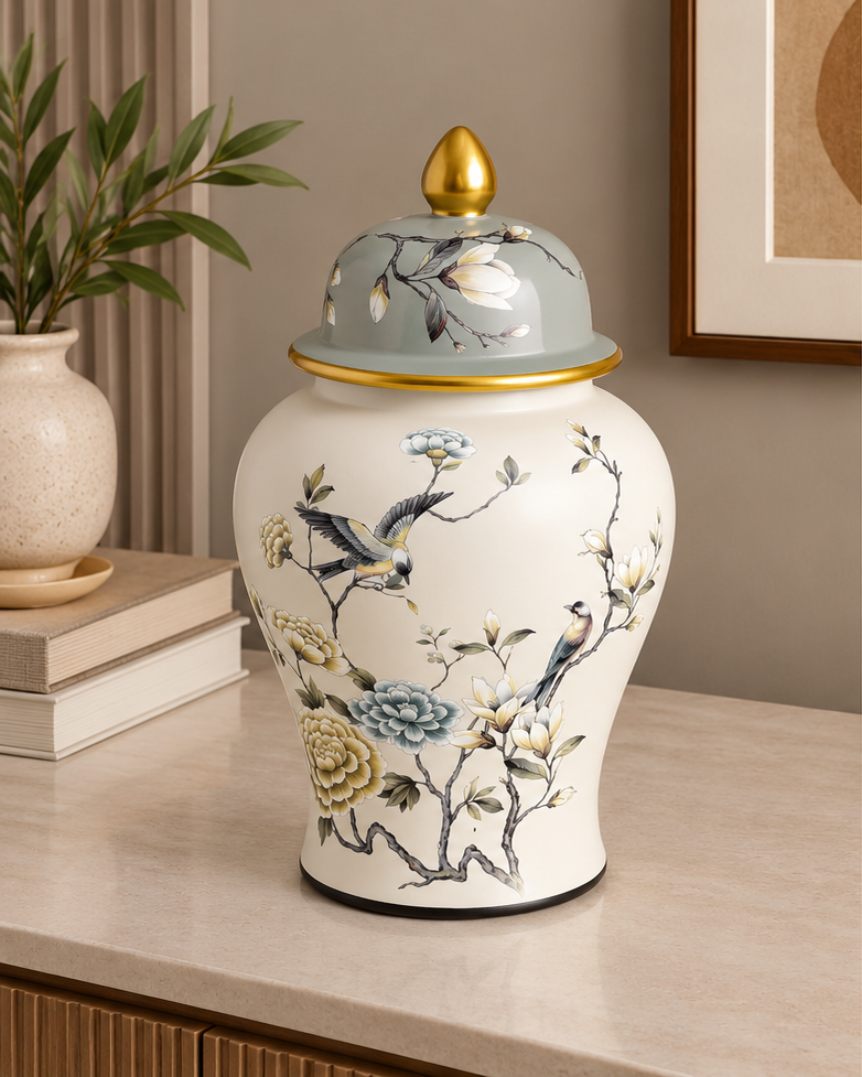 Blossom & Crane Hand Painted Temple Jar - Small