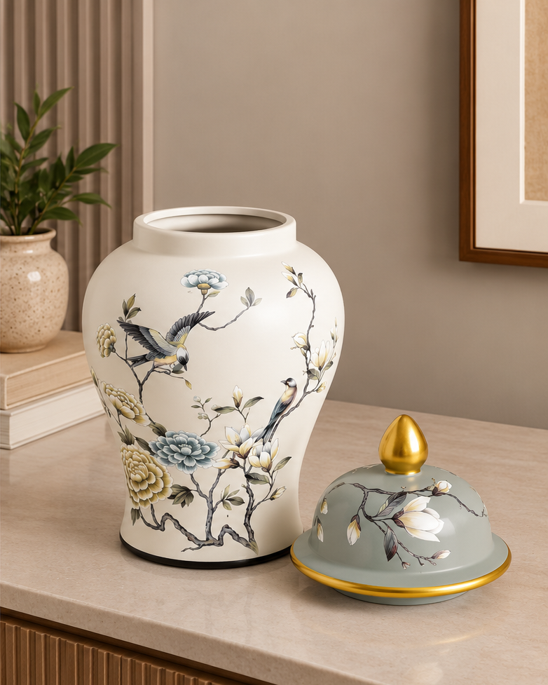 Blossom & Crane Hand Painted Temple Jar - Small