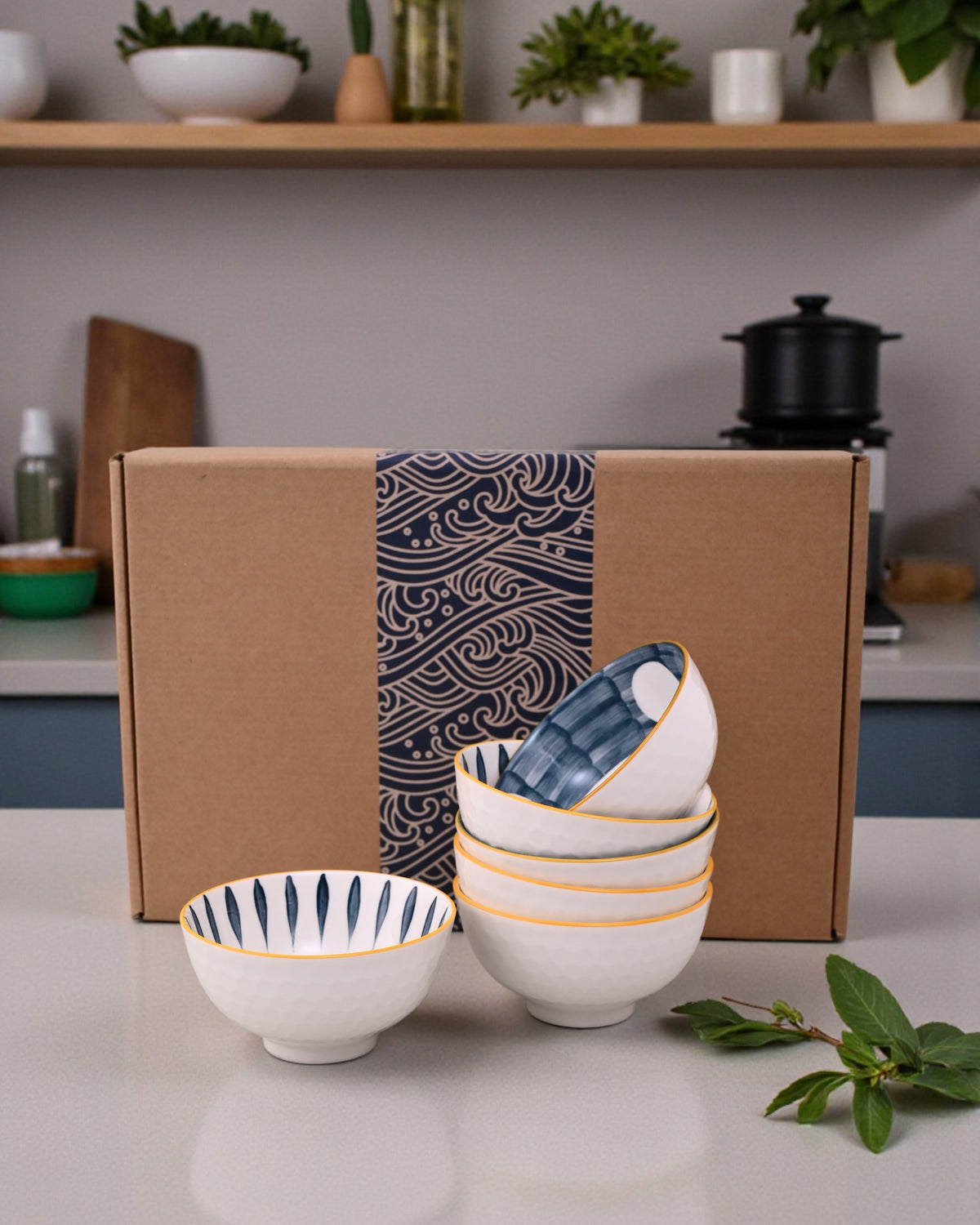 Sapphire Lines Ceramic Katori - Set Of 6