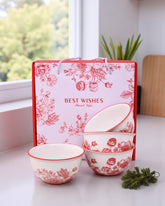 Red Floral Ceramic Katori - Set Of 4 