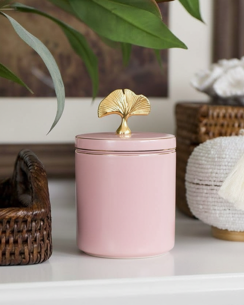 Blush Elegance Storage Jar With Ginkgo Lid 