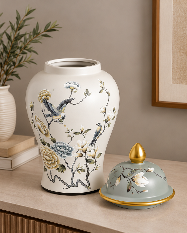 Blossom & Crane Hand Painted Temple Jar - Large