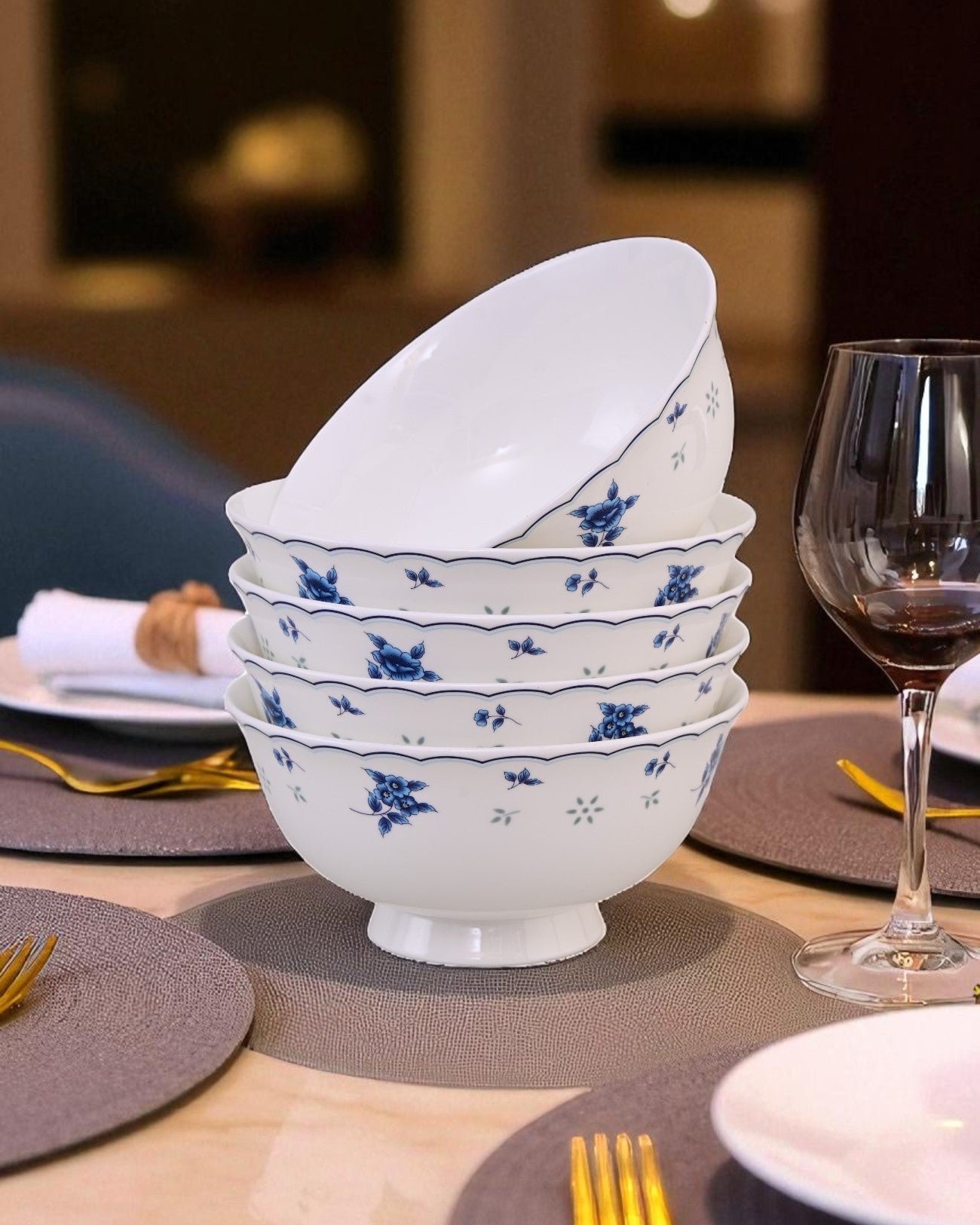 Blue Petal Elegance Ceramic Katori - Set Of 6 
