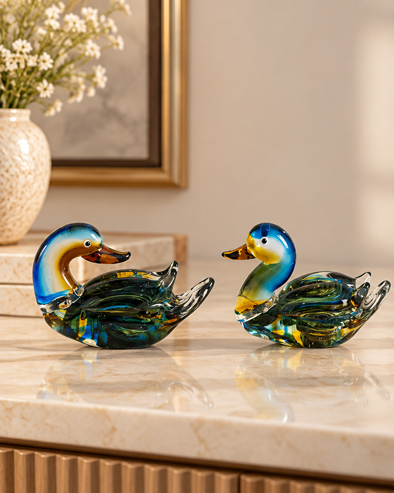 Elegant Glass Duck Couple Figurine - Set Of 2