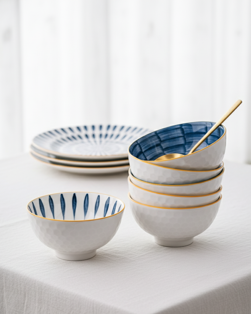 Sapphire Lines Ceramic Katori - Set Of 6 