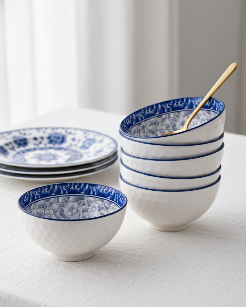 Indigo Bloom Ceramic Katori - Set Of 6 