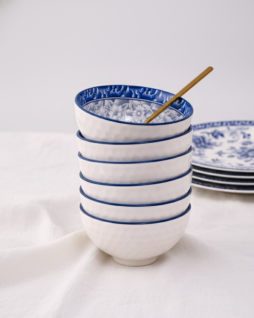 Indigo Bloom Ceramic Katori - Set Of 6 