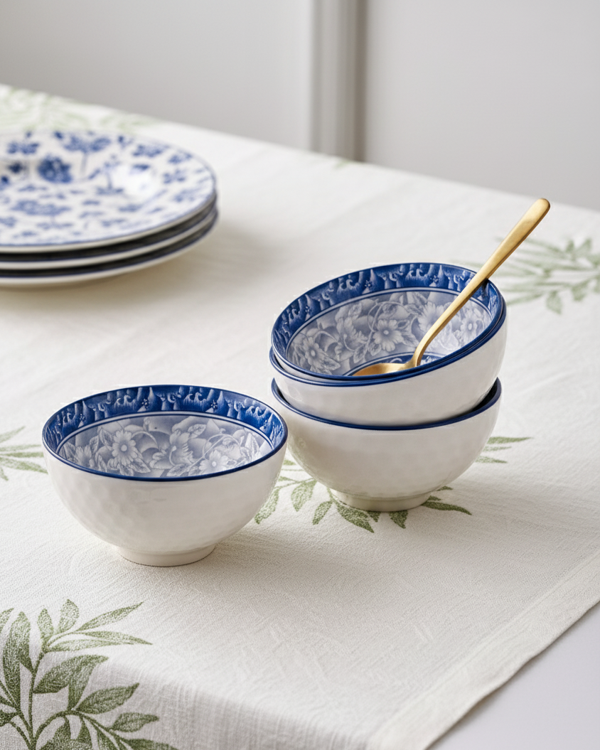 Indigo Bloom Ceramic Katori - Set Of 4 