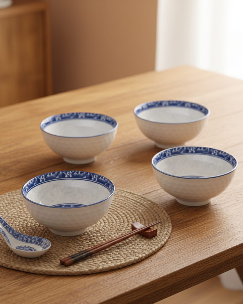 Indigo Bloom Ceramic Katori - Set Of 6 