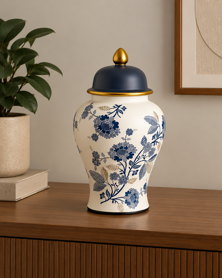 Royal Blue Chinoiserie Floral Temple Jar - Small