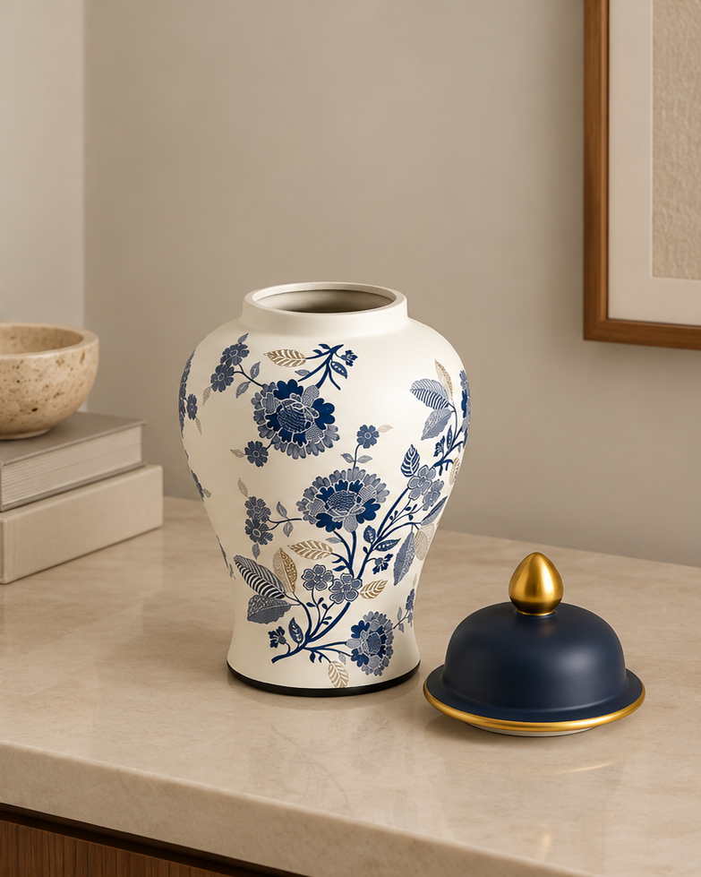 Royal Blue Chinoiserie Floral Temple Jar - Small