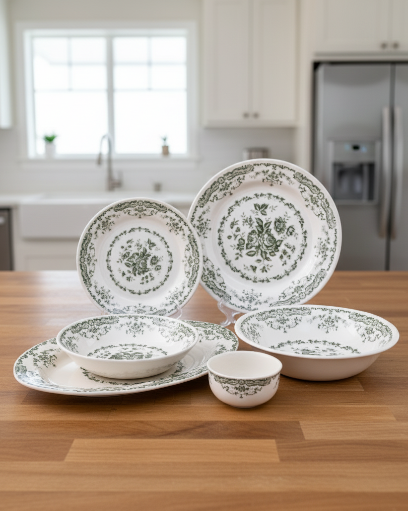 Vintage Floral Green & White Dinner Set - 28 Piece 