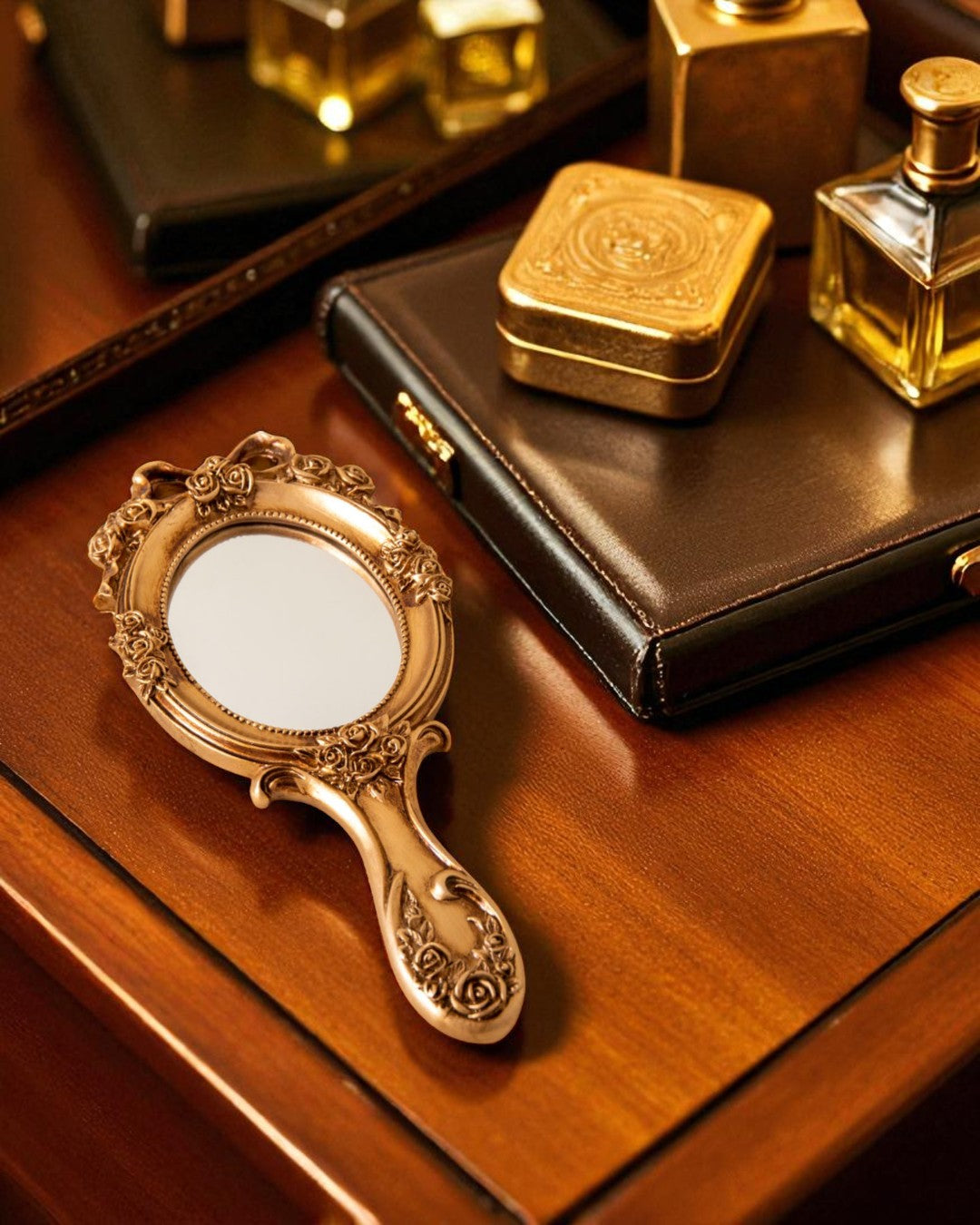 Vintage Aqua Floral Hand Mirror - Gold 