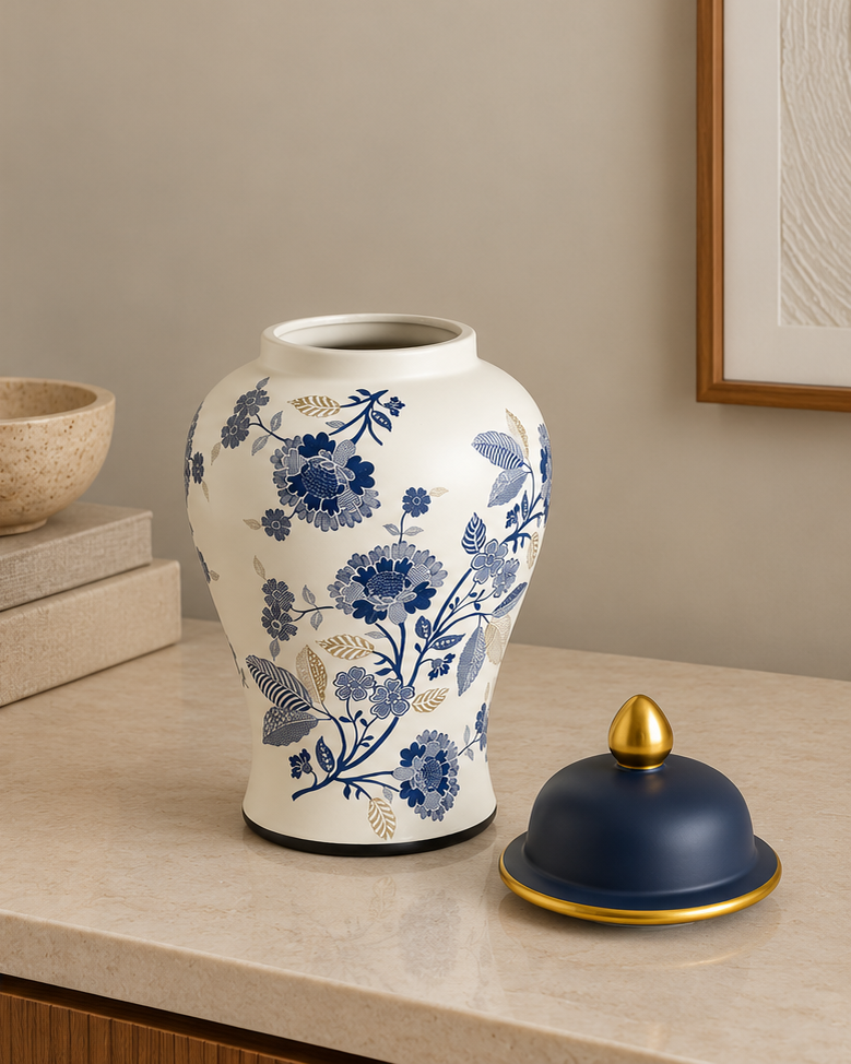 Royal Blue Chinoiserie Floral Temple Jar - Large