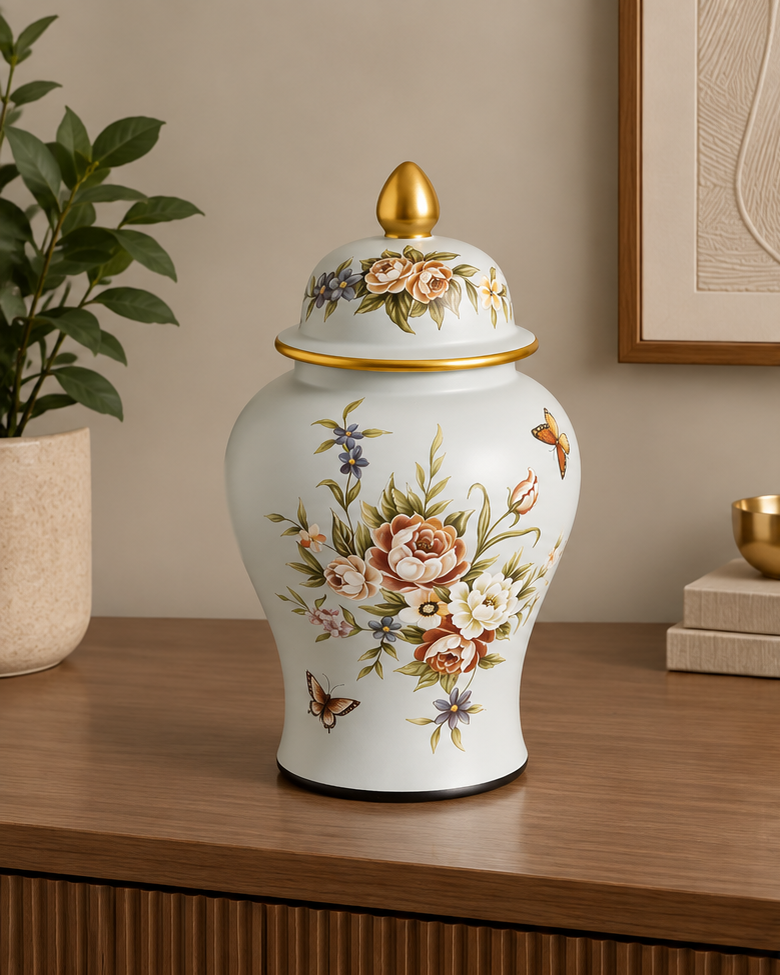 Regal Floral Butterfly Temple Jar - Small