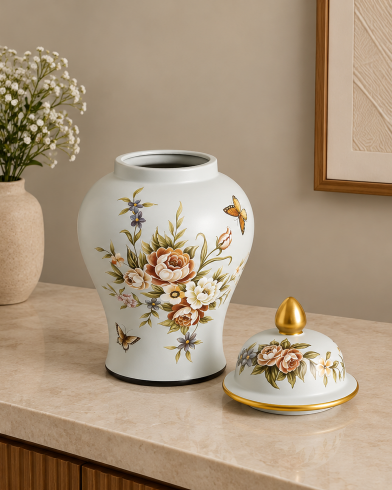 Regal Floral Butterfly Temple Jar - Small