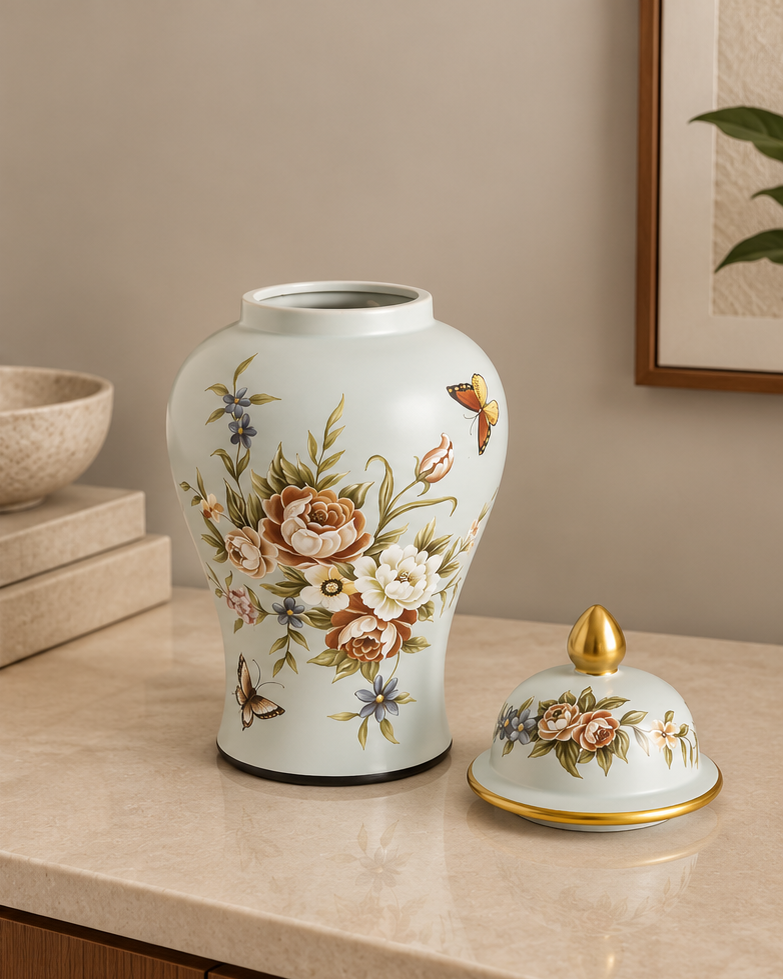 Regal Floral Butterfly Temple Jar - Large