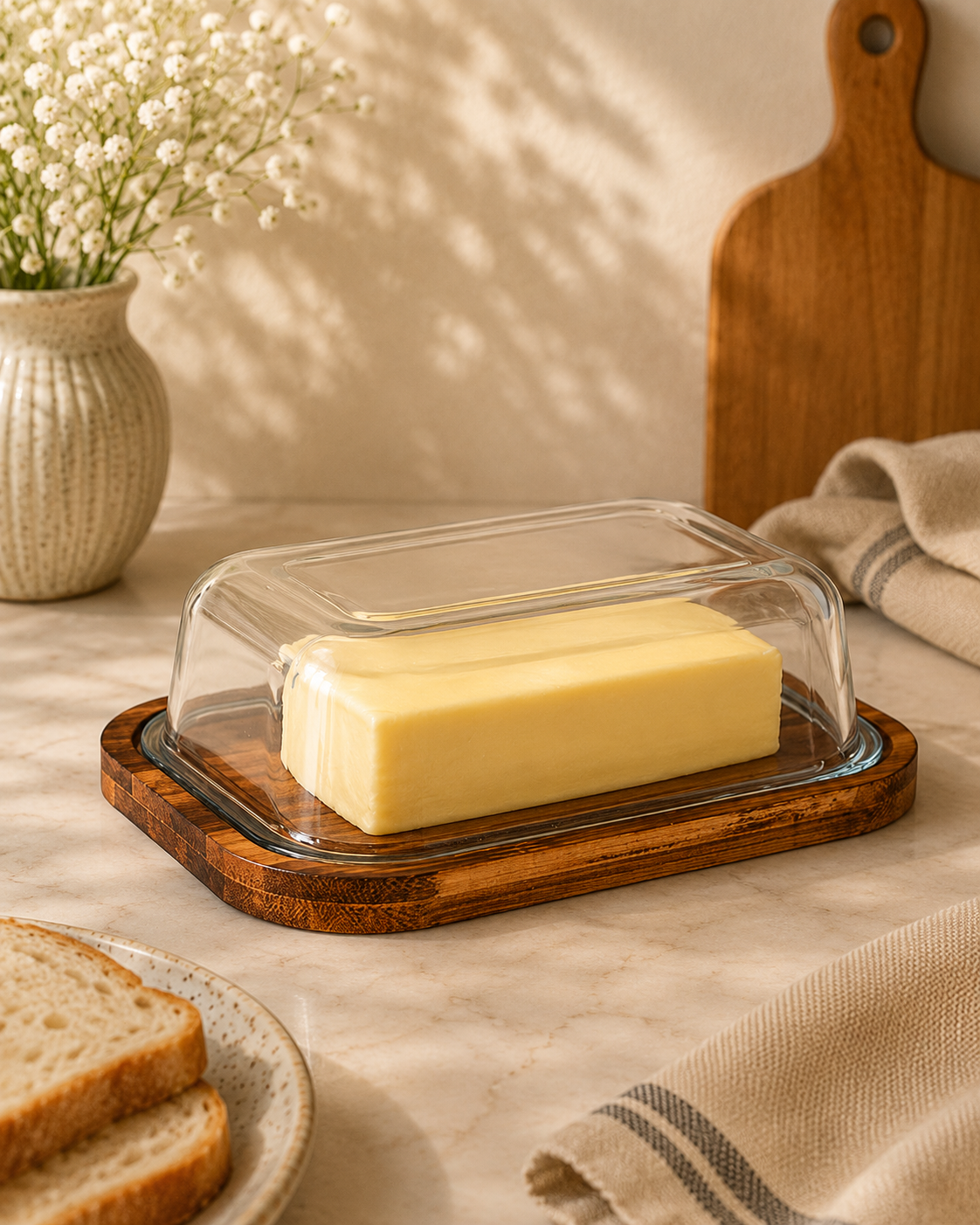 Wooden Base Butter Dish With Glass Dome
