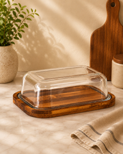 Wooden Base Butter Dish With Glass Dome
