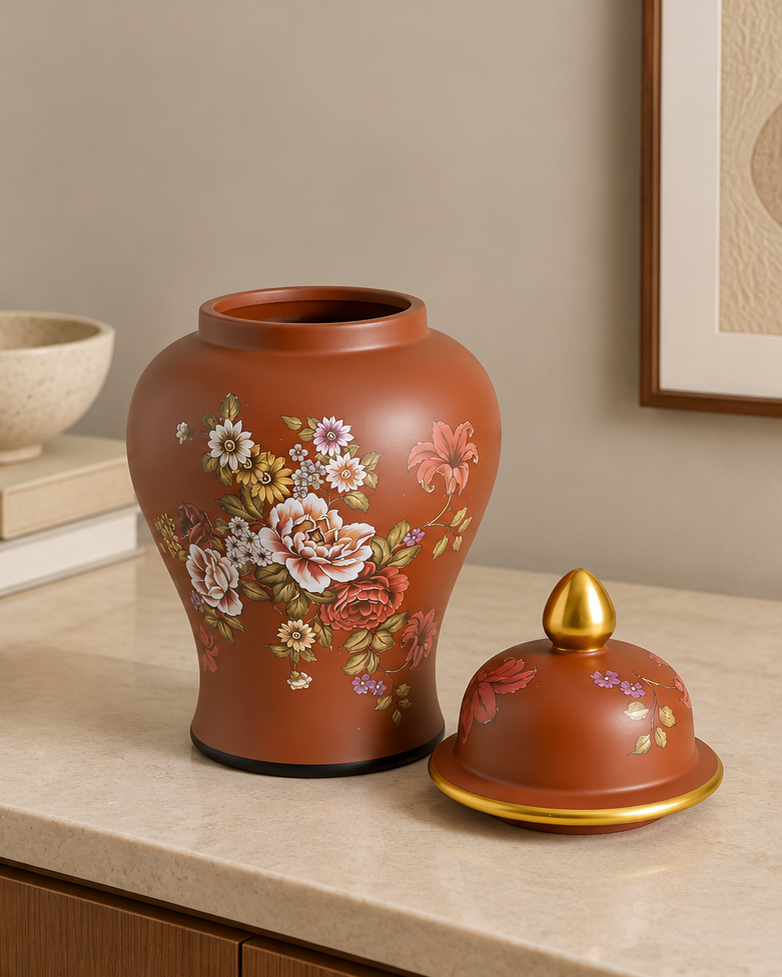 Royal Crimson Blossom Temple Jar - Small